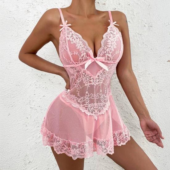 Kadın Seksi Fiyonklu Şeffaf File Babydoll Gecelik Gömlek V Yaka Pijama Takımı G-String Tanga Setli Çiçekli Dantel Boudoir Kıyafetleri