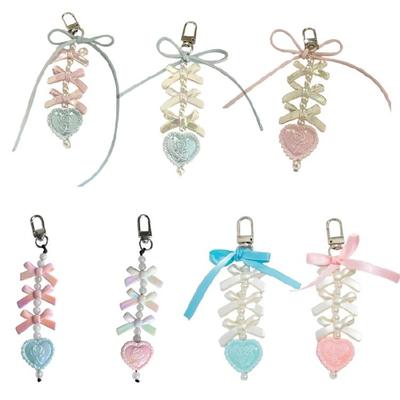 Elegant Bowknot and Heart Keychain with Pearls Stylish Bag Charm Accessories Handmade Car Key Ornament for Daily Use