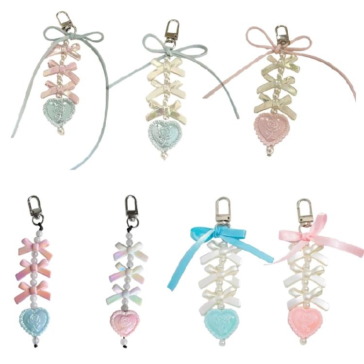 Elegant Bowknot and Heart Keychain with Pearls Stylish Bag Charm Accessories Handmade Car Key Ornament for Daily Use