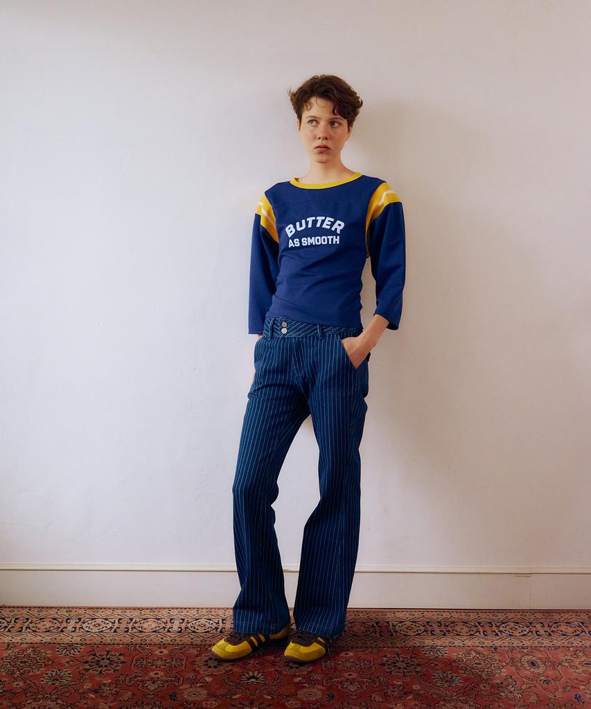 GREENBUTTER Pinstripe Bootcut Denim Pants (Deep Blue)