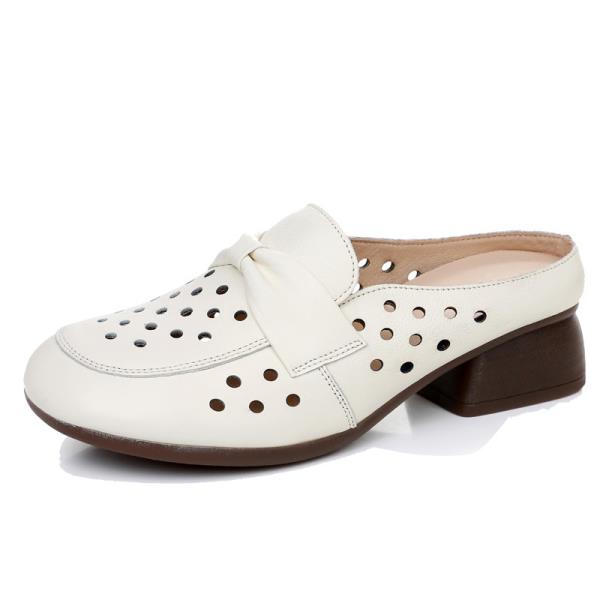 

Fashion Shoes Woman 2025 Slippers Flat Fretwork Heels Low Med Cover Toe Genuine Leather Soft Rubber TPR Rome Slides PU Fabric Hoof 35