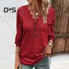 Women Spring Fall Top Hollow Out Lace Button Decor V Neck Soft Breathable Pullover Patchwork Long Sleeve Mid Length Lady T Shirt