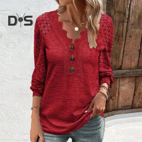 Women Spring Fall Top Hollow Out Lace Button Decor V Neck Soft Breathable Pullover Patchwork Long Sleeve Mid Length Lady T Shirt
