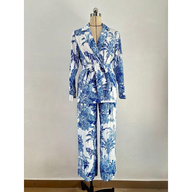 European and American Digital Printing Suit Women's Long Sleeve Loose Lace-up Spring and Summer Fashion Casual Two-Piece Suit Women's