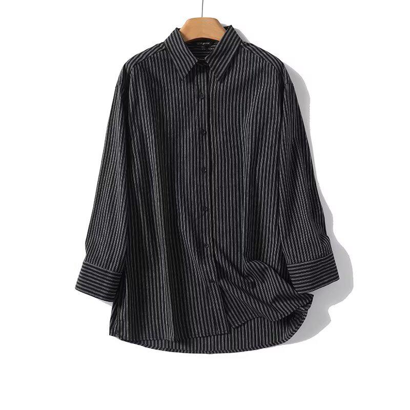 

2025 Spring Women s Striped Print Loose Single-Breasted Lapel Shirt L