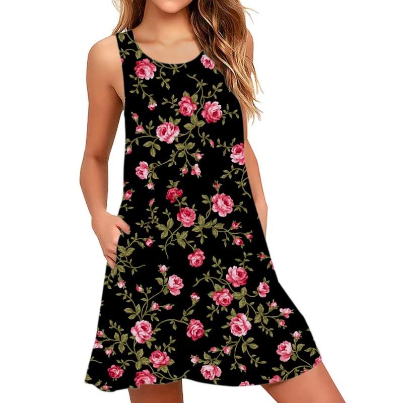 Women's Sleeveless Floral Dress Elegant All-Season Pencil Dress Pink Roses Green Foliage Pattern Dresses Woman Summer