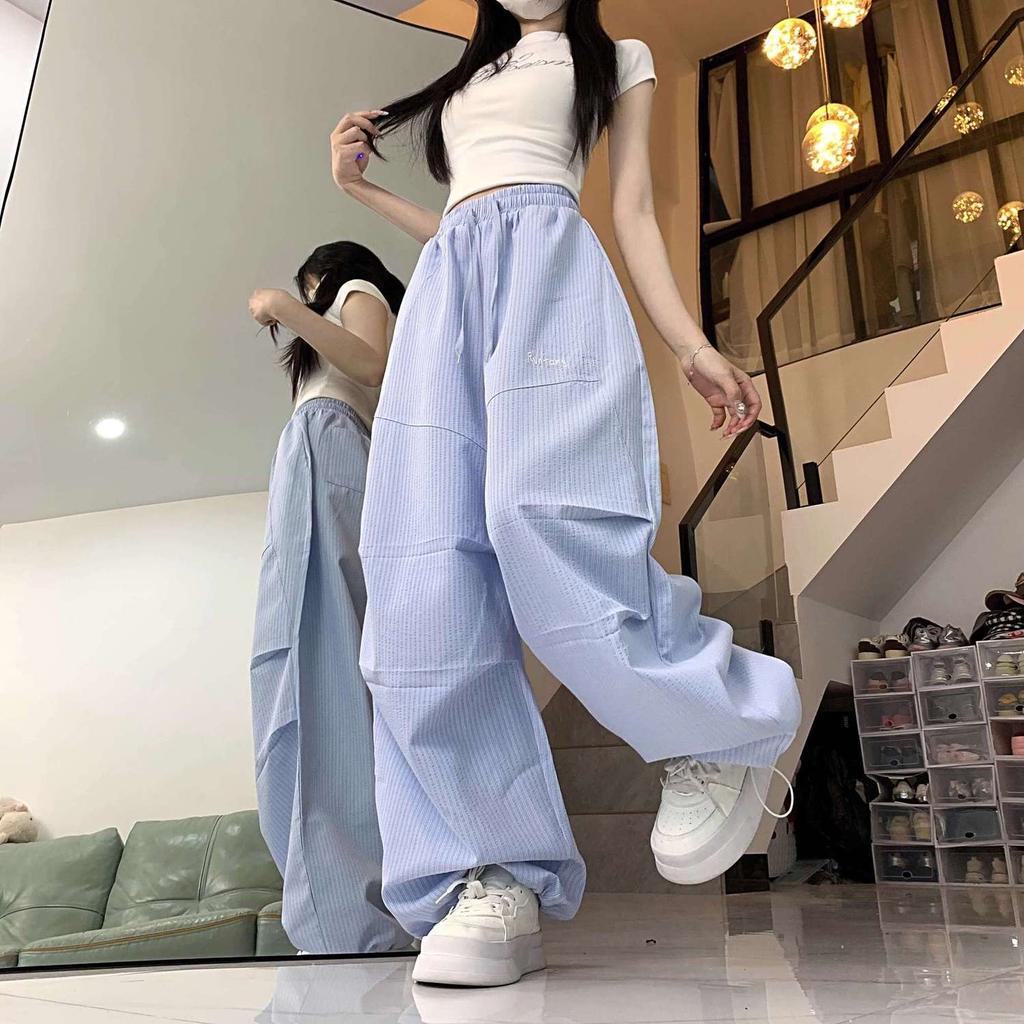 American Vintage Work Pants for Women Spring Summer Pleated Striped Drooping Machete style Pants, High Waist Wide Leg Trousers in Ins Style