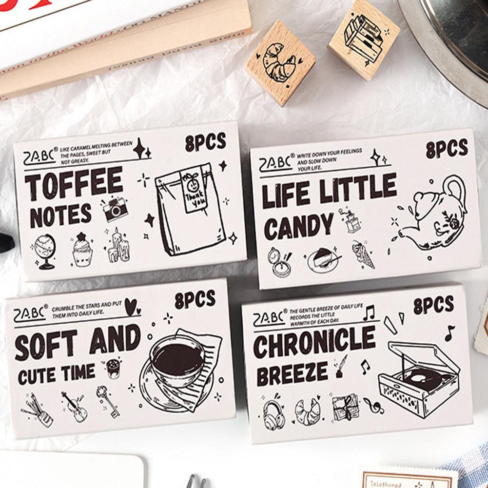 DIY Journaling Scrapbooking Diary Decoration 8Pcs/Set Wooden Stamp Seal Fresh Cute Pattern Seal Stamp Gift