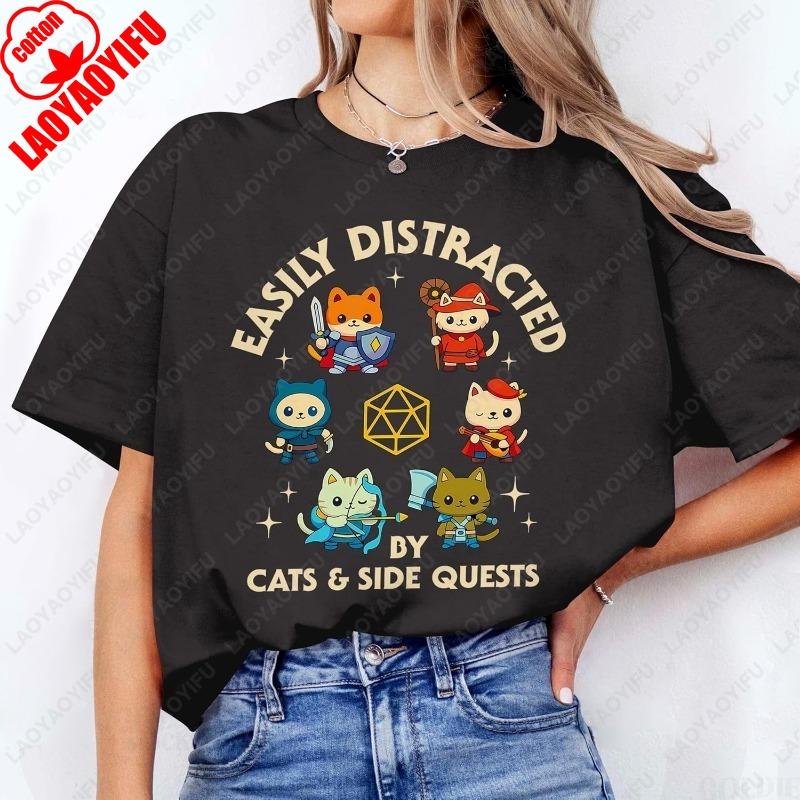 Easily Distracted By Cats And Side Quests Cotton Shirt D20 Side Quest Master Tshirt Dungeon Cat Lovely Printed Man Women Tee