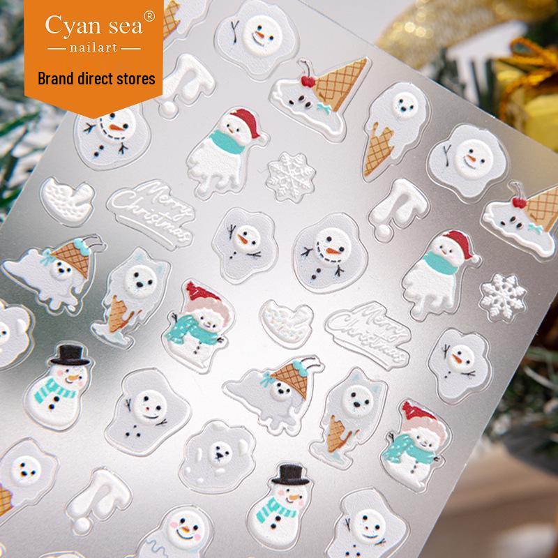 Cyansea 5D Christmas Nail Stickers: Embossed Ice Cream Cone & Snowman Ornaments.