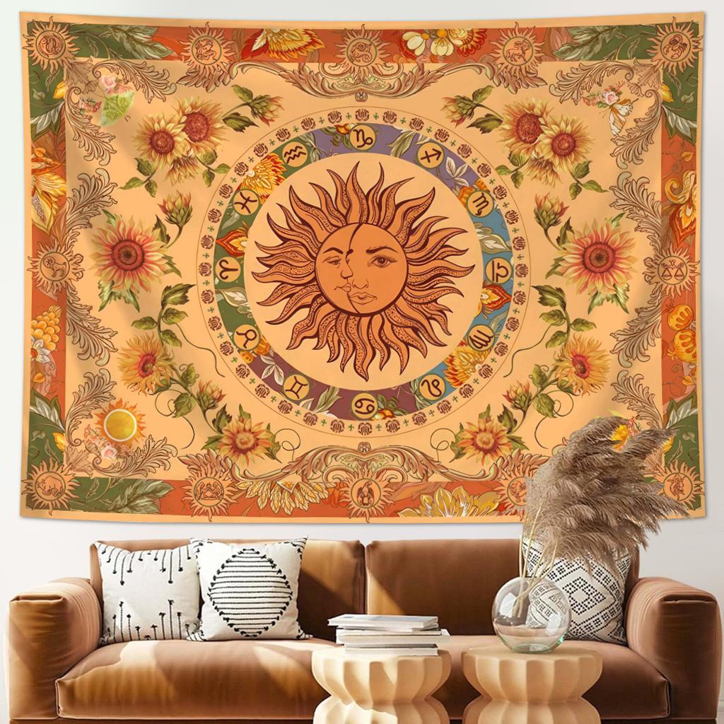 1pc Sun Moon Fantasy Tapestry, Retro Ethnic Wave Simia Tapestry, Sunflower Constellation Aesthetic Wall Hanging