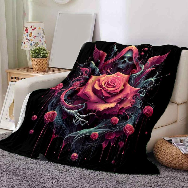 1pc Gothic Heart with Ravens Skulls and Red Roses Blanket Soft Throw for Home Decor, Gift Idea, Living Room .K053 80x120cm