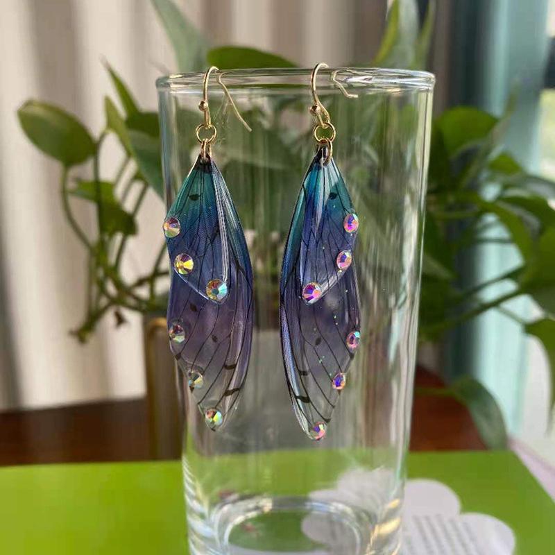 Fairy Clear Butterfly Drop Earrings Rhinestone Gradient Dangle Earrings Bling Foil Resin Simulation Wing Earring