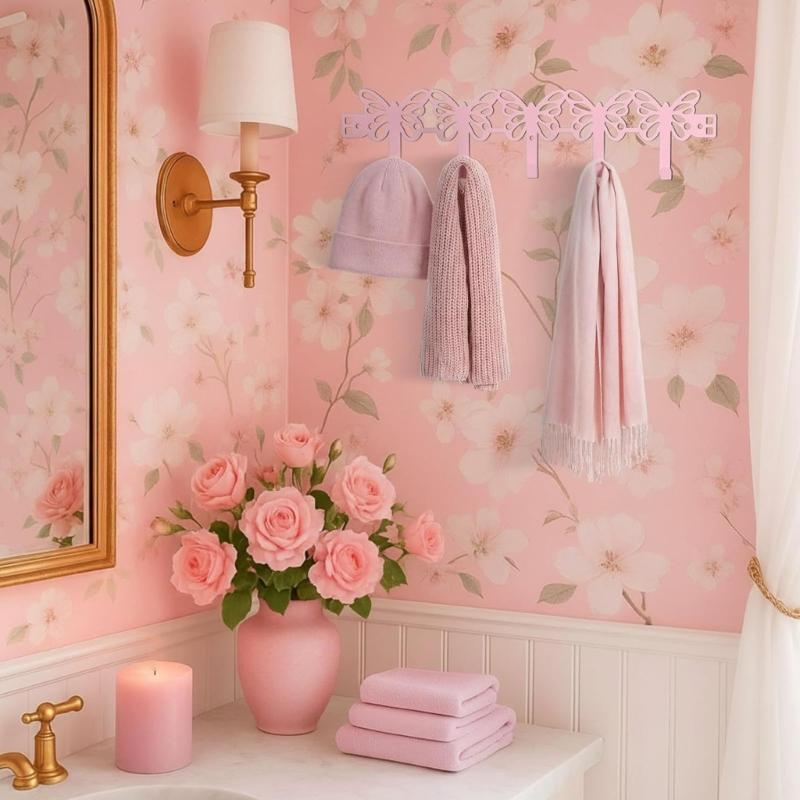 Rosa Schmetterling Wandmontierter Haken für Handtücher, Mäntel, Schlüssel, Taschen und Hüte Eisenkonstruktion Über-der-Tür-Haken