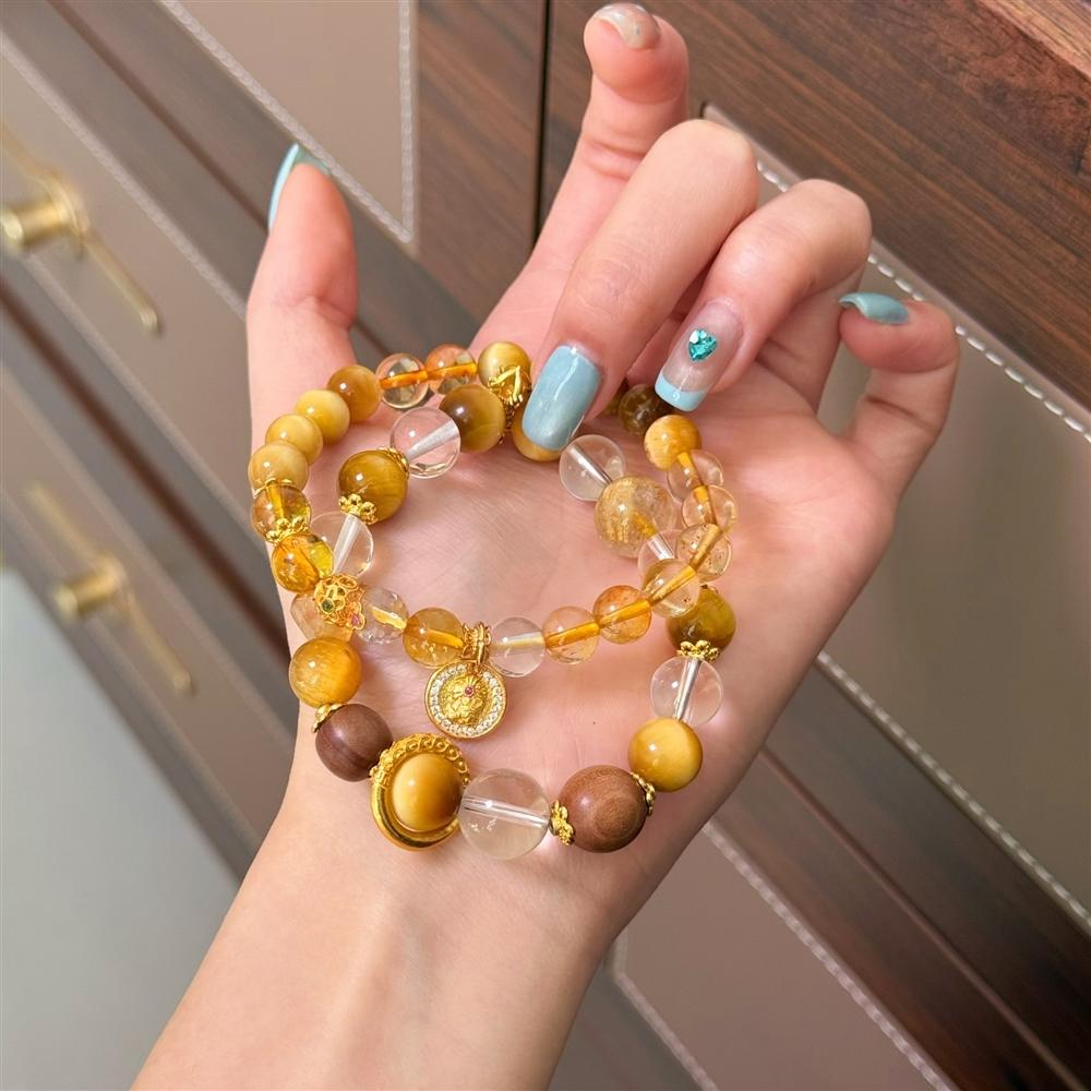 Exquisite Versatile Golden Tiger Eye & Clear Crystal Vajra Pestle Beaded Bracelet, Light Luxury High-End Hand Jewelry