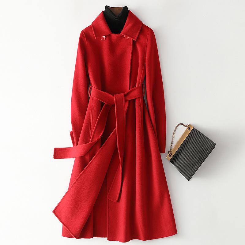 

2022 Женское длинное шерстяное пальто приталенного силуэта из двухстороннего кашемира Extra Large красный