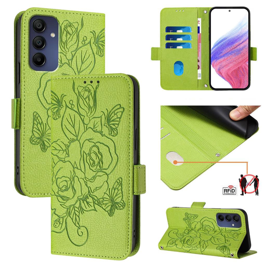 For Samsung Galaxy A16 5G/A16 4G Case Rose Imprinted RFID Blocking Leather Phone Cover with Strap