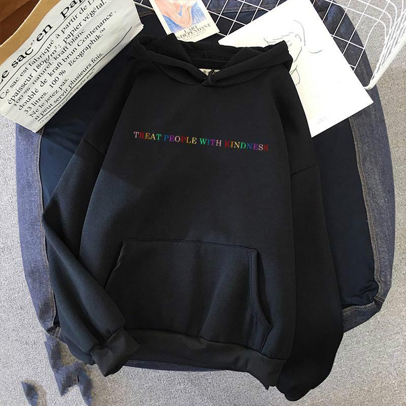 Vinter Uformell Harry Styles Behandle mennesker med vennlighet S-2XL Mote Kvinner Vintage Uformell Punk Letter Hip Hop Genser med hette