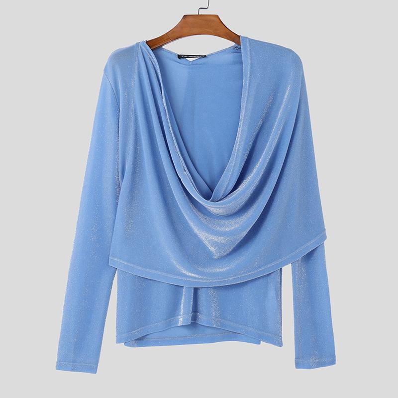 

INCERUN Мужские футболки с длинным рукавом и оборками, с блестками и воротником-хомутиком 5XL синий