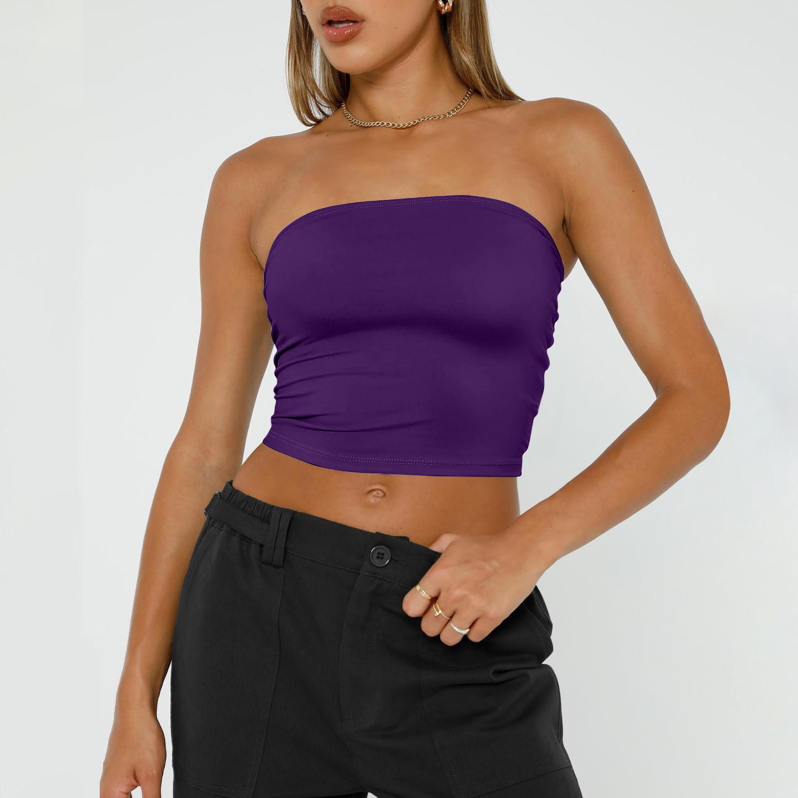 

Women s Strapless Tube Top Casual Sleeveless Bandeau Crop Top Stretchy and Comfortable for Summer M фиолетовый