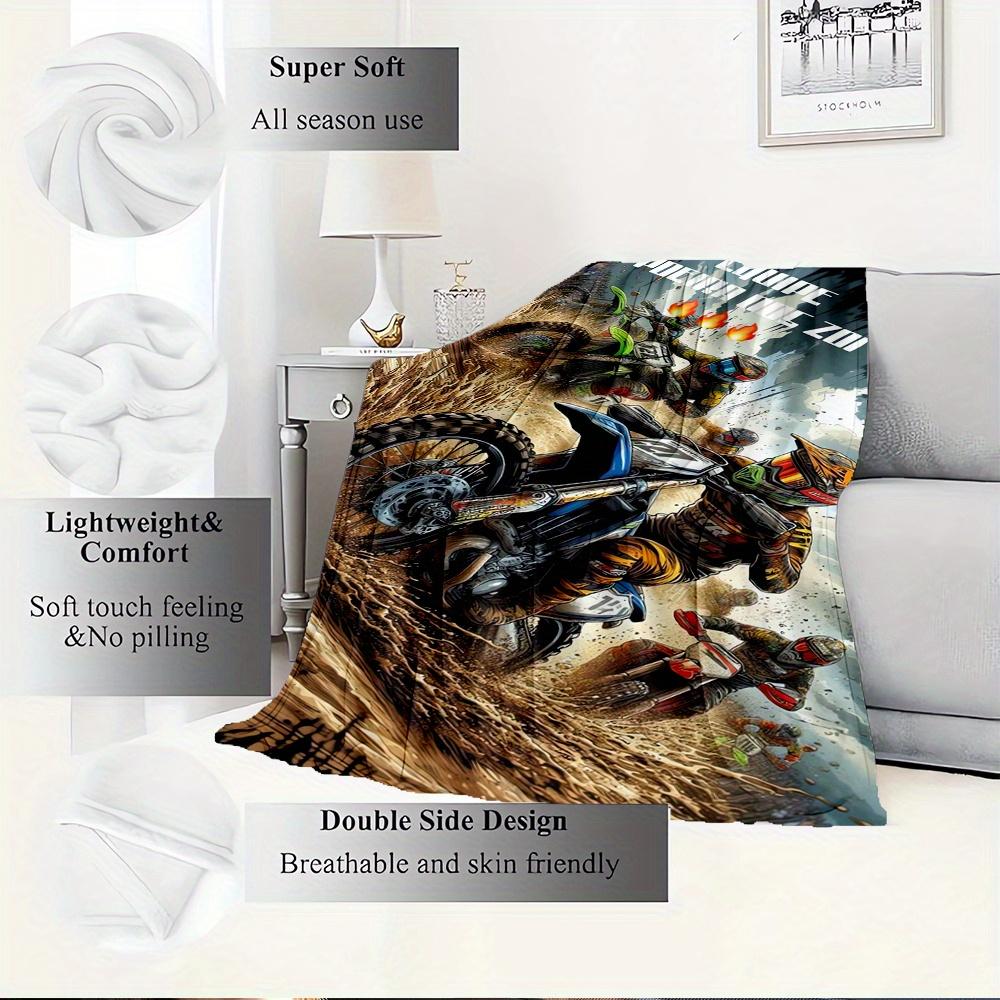 For Motocross,Dirt Track,Extreme Sports-Themed Flannel Blanket, Glam Style, Digital Print, All-Season Comfort, Tear-Resistant, Knitted Craft