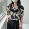 Ladies Summer Bohe Shirt - Oversized Short Sleeve Button Down Colored Drawing Printed Top for Casual Layering