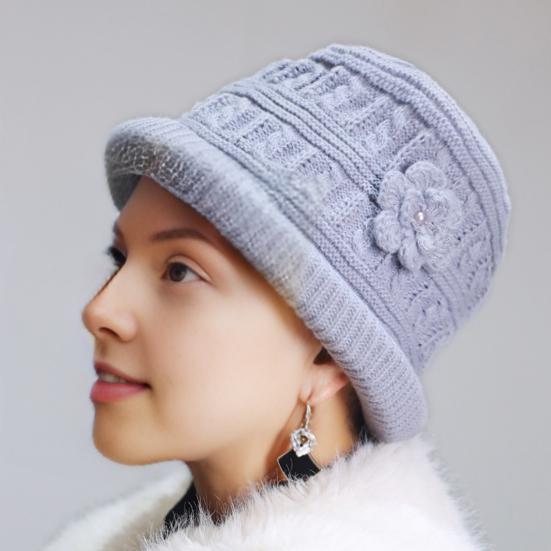 Women Thicken Knitted Hat Flower Crochet Bucket Hat for Elderly Women Winter Warm Fisherman Hat for Outdoor Activities