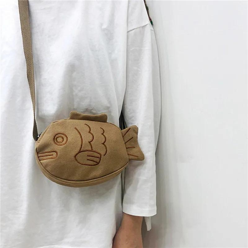 Yogodlns Fish Shape Canvas Messenger Bag Fashion Cute Embroidery Portable Zippered Small Purses Handbags Mini Crossbody Bag