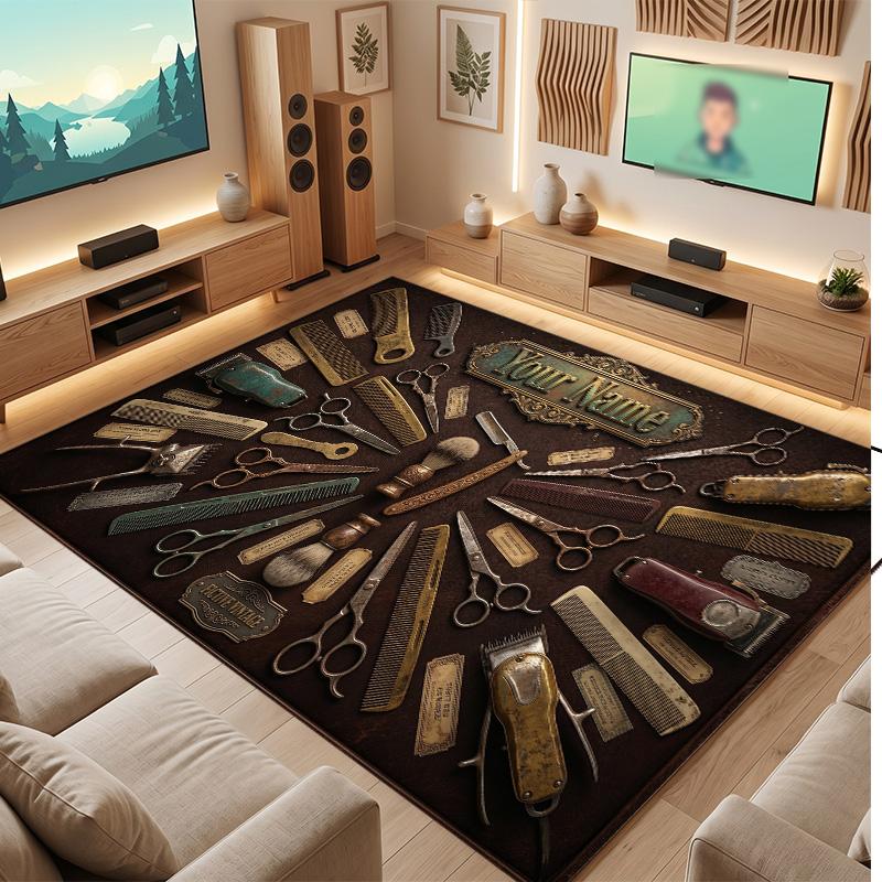 Barber Salon Theme Soft Crystal Velvet Rug Custom Name & Text Print Non Slip Floor Rug for Bedroom Living Room