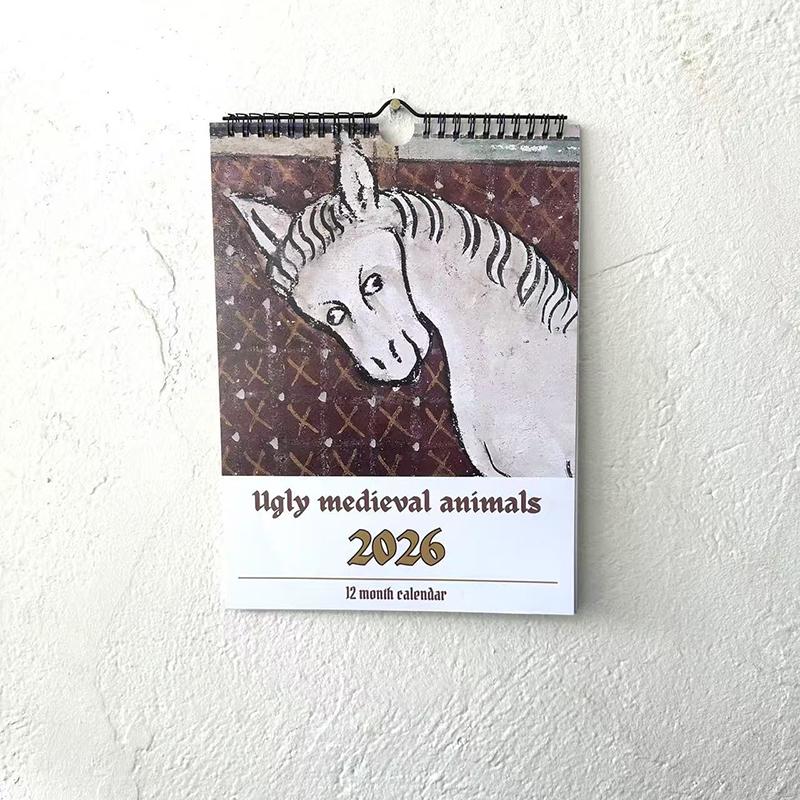 WTEMPO Ugly Medieval Animals Printed 2026 Funny Wall Calendar 12-Month Spiral Wall Planner with Thick Paper Monthly Layouts Humorous Pattern Design