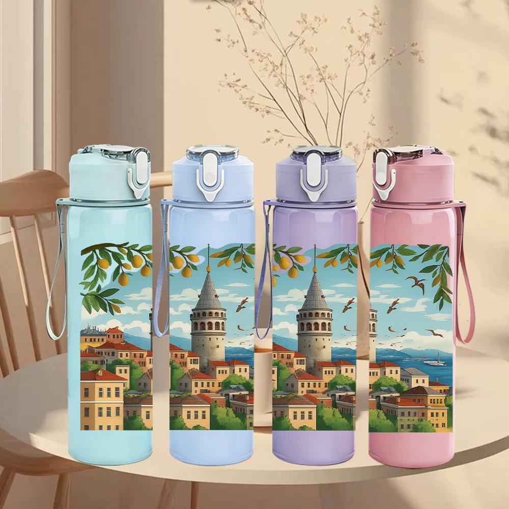 1PC Istanbul Mosque City Landscape Print 750ml Color Plastic Sports Water Bottle Leakproof Flip Straw Lid Suitable for Sports Office Home Use