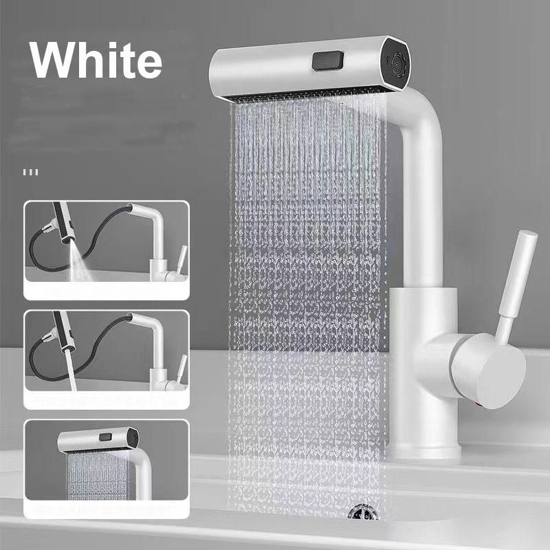White Bathroom Sink Faucet Washbasin Faucet Pull Out Waterfall Stream 3 Way Sprayer Hot Cold Water Sink Mixer Wash Tap