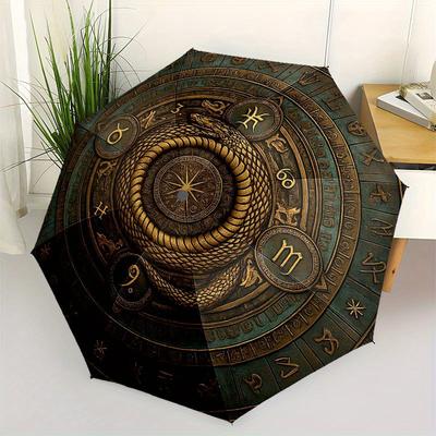Golden Serpent Zodiac Wheel: Mystical Astrological Decor Umbrella, Portable 3-Fold Compact Umbrella for Men & Women R159