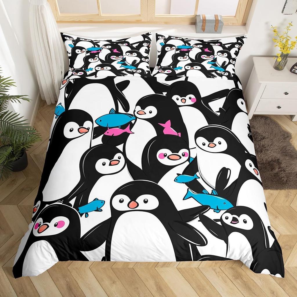 Cartoon Penguin Bedding Set Full King for Girls Boys Kids Room Dorm Funny Animal Printed Comforter Cover Penguins Bedding Set