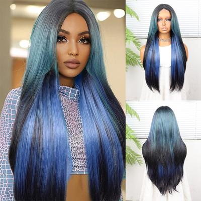 Pelucas de Cabello Sintético Azul Mezclado Negro para Mujer Moda Peluca Larga Sedosa Lisa Cosplay Disfraz de Halloween Fiesta Peluca de Drag Queen