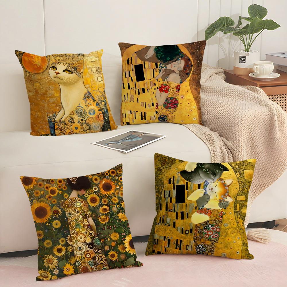Gustav Klimt Oil Painting Cushion Cover Breathable Linen Pillow Cover SkinFriendly Home Decor Pillowcase with Hidden Zipper