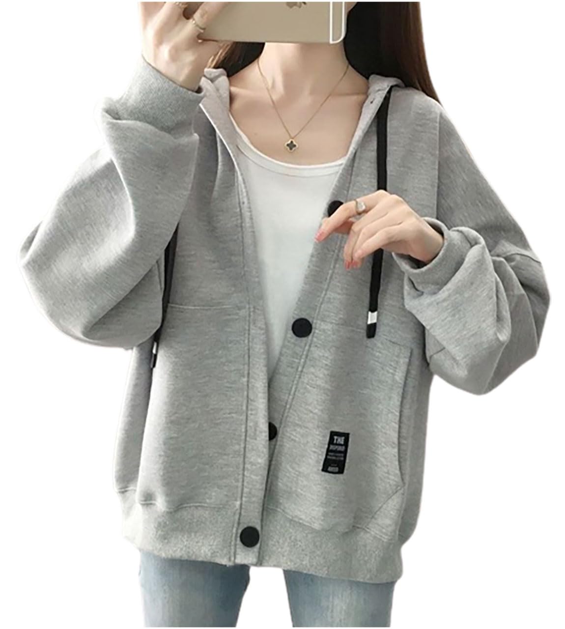 

Хуначи Легкое Повседневное Худи Стильного Свободного Кроя для Осени и Милое и Стильное для Весны и Идеальное для Свободного Открытого и Стильного Нагрудного серый