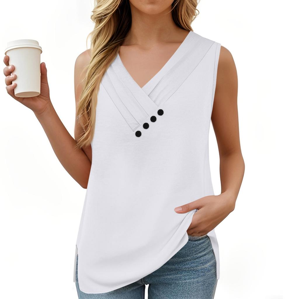 Women's Solid Color Vest Summer Button-down V-neck T-shirt Sleeveless Loose Fashion Top