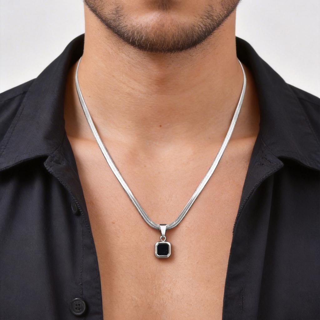 Geometric Square Natural Stone Pendant Necklace for Men, Gold Silver Color Stainless Steel Blade Chain, Trendy Jewelry Gift