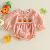 Citgeett Autumn Halloween Infant Baby Girl Bodysuit Pumpkin Embroidered Striped Ruffled Collar Long Sleeve Jumpsuit Fall Clothes