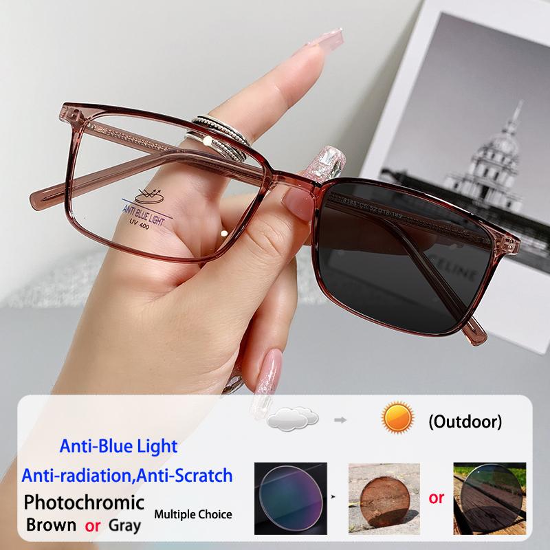 Transparent Tea Square Computer Glasses Anti Blue Ray Eyewear Myopia Optical Spectacle Photochromic Eyeglass for Women Men
