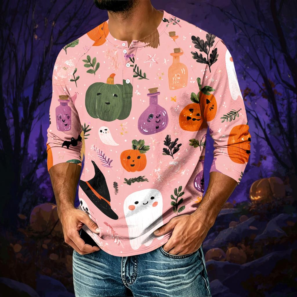 Men's Casual Halloween Print Raglan Three-Quarter Sleeve Shirt