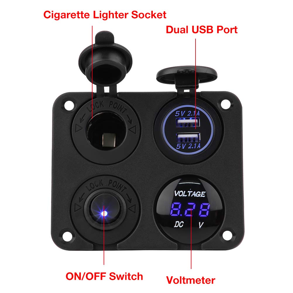 Keenso DC12/24V 4-Way Waterproof Switch Panel with LED Light, ON/OFF Toggle, 4.2A USB Socket, Voltmeter, and Cigarette Lighter (Blue Light) for Marine