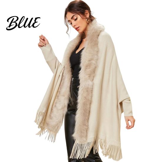 Women Poncho Batwing Long Sleeve Open Stitch Mid-Length Loose Fit Shawl Cardigan Fall Winter Artificial Fur Collar Tassel Hem Knitting Outerwear