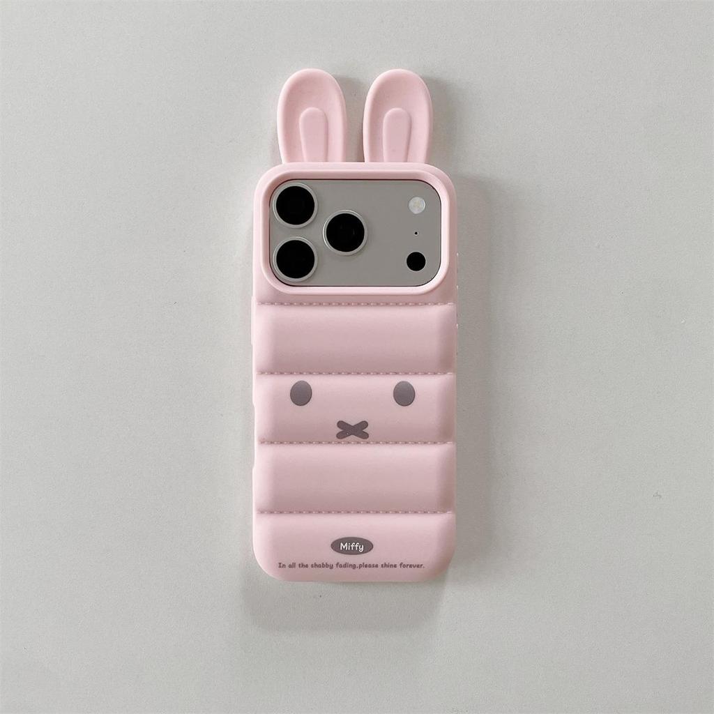 Down Feather 3D Ears Rabbit iPhone 15/16/17 Pro Max Anti-Drop Case