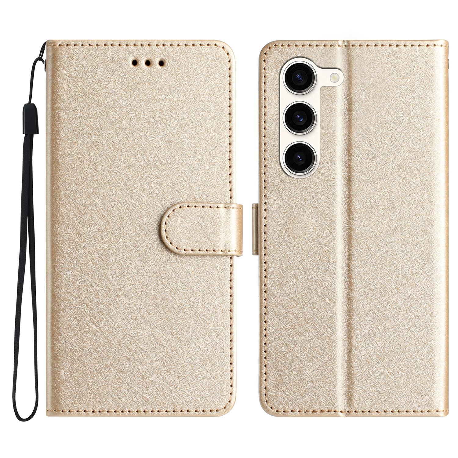 

For Samsung Galaxy S24+ Case PU Leather Silk Texture Wallet Stand Phone Cover with Strap Gold