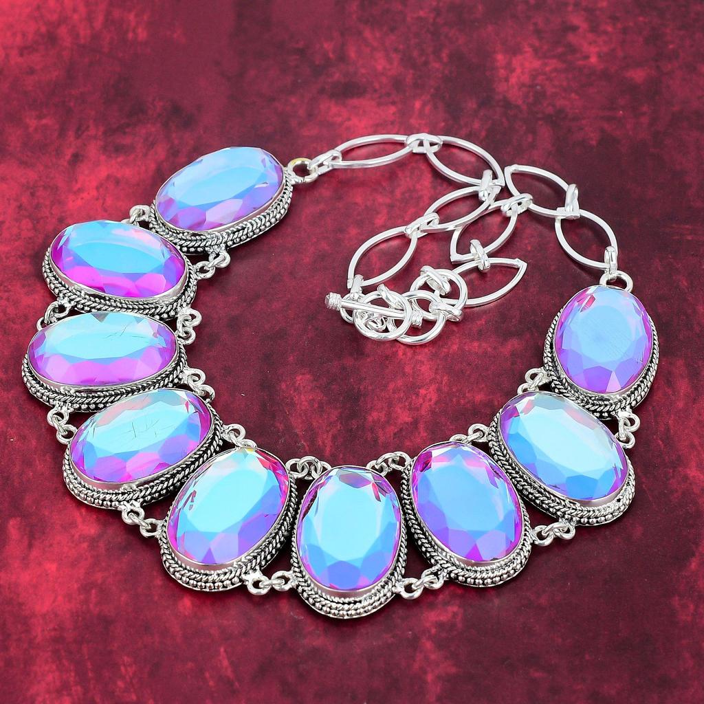 Faceted Mystic Topaz 925 Solid Sterling Silver Necklace with Adjustable Chain, Handmade Gemstone Jewelry Necklace For Memorial Day