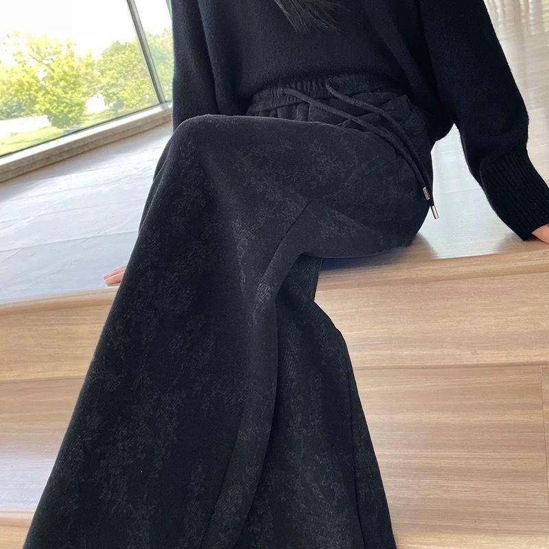 

Women s Black Wide-Leg Knit Pants - Chinese Style, High-Waisted, Jacquard, Floor-Length, Autumn/Winter 2024 L