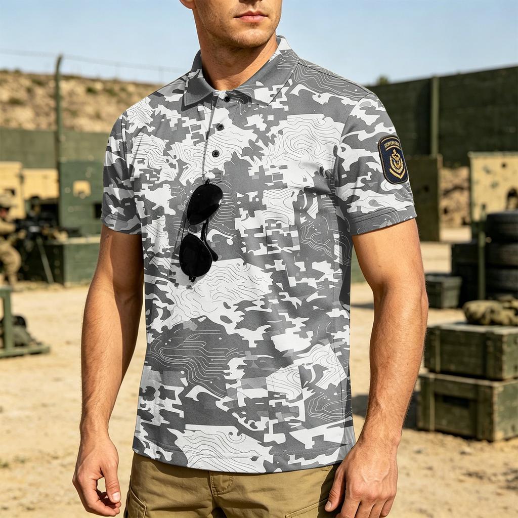 Men's Tactical Polo Shirt Loose Fit Breathable Outdoor Quick Dry Short Sleeve Camouflage Print with Velcro Patch Area