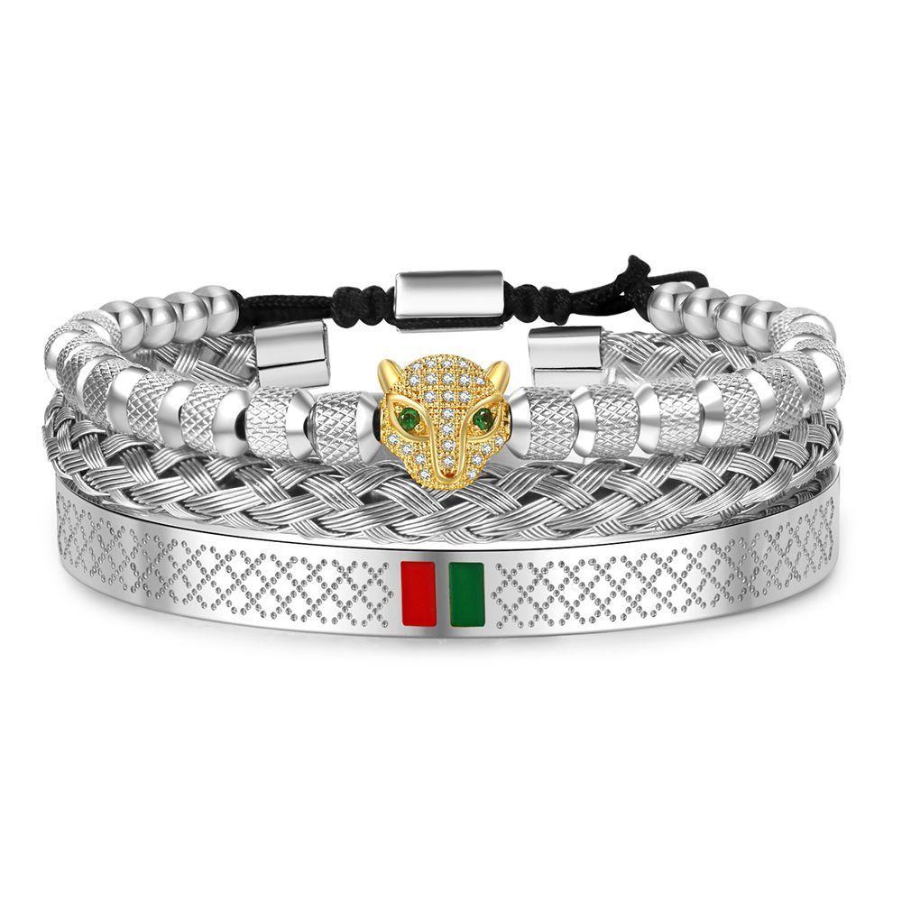 Hip Hop Leopard Head Zircon Copper Stainless Steel Bracelets Set For Men And Women